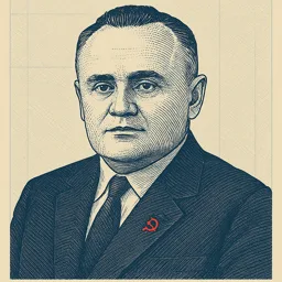 Stylized blueprint portrait of Sergei Korolev